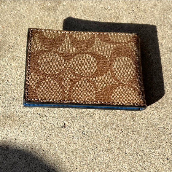 Coach Slim Clip Billfold Card Hold Wallet Brown Classic Canvas Blue Leather - Picture 12 of 12